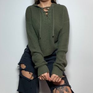 Green Lace Up Sweater Hoodie